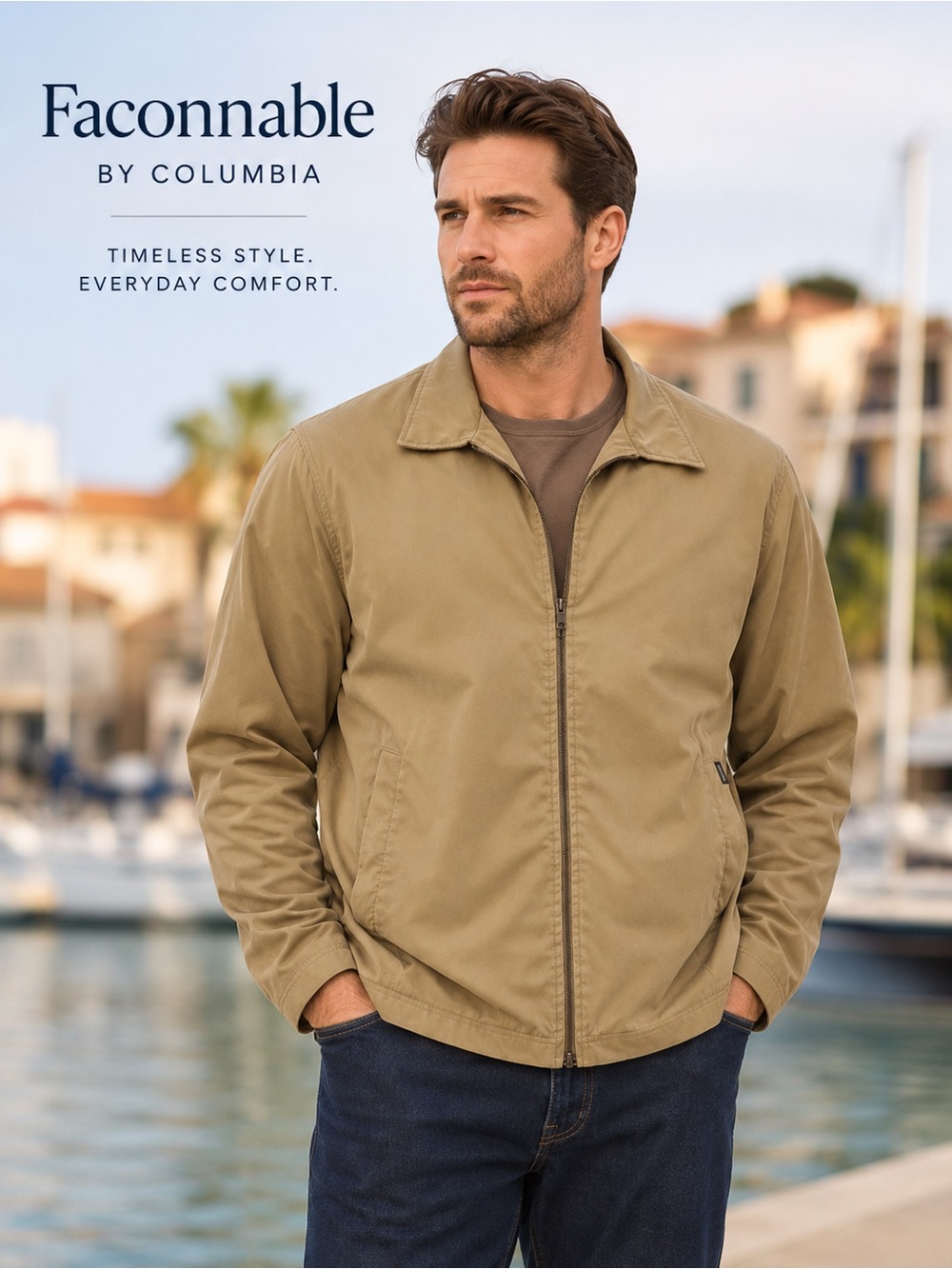 Façonnable Lightweight Water Resistant Zip Front Jacket Tan Beige
